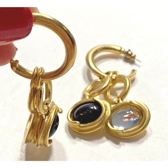 Mod goldtone pierced earrings drop dangle hoops rich black & white designer chic - Picture 5 of 5